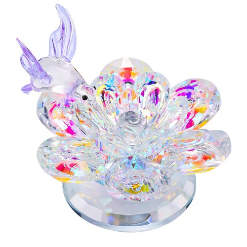 YWHL Colorful Crystal Flower with Purple Hummingbird Figurine, Handmade Hummingbird Gifts for Women on Birthday Valentines Christmas, Glass Flower Hummingbird Figurine Wedding Home Party Decorations