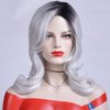 SEVENCOLORS Long Grey Wigs for White Women Ombre Silver Wavy Curly Wigs with Black Roots Natural Hair 18'' Synthetic Gray Wigs for Cosplay Party Daily Use