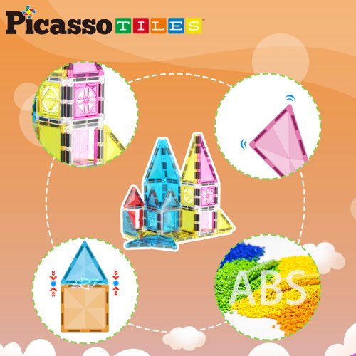 PicassoTiles Magnet Tile Building Blocks 48 Piece Travel Sized Playset with Windows and Clip-on Doors Construction Stacking Magnetic Tiles Block Learning Educational STEM Toy Boys Girls Age 3+ PTM48