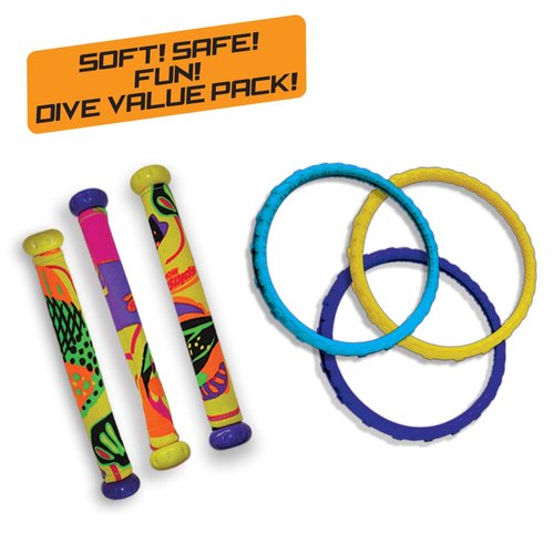 Prime Time Toys Diving Masters Power Pack Pool Diving Toy (3 - Dizzy Dive Rings / 3 - Fabric Dizzy Dive Tubes) (Colors Vary)