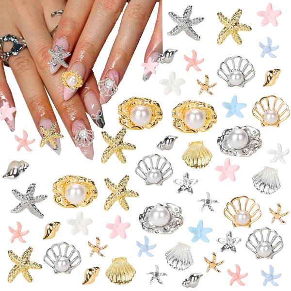 COOSLIM 35pcs Summer Beach Nail Art Rhinestones Accessories Ocean Theme Shell Starfish Whelk Nail Studs Sea Series Pearl Nail Charms Supplies for Nail Art Designs DIY Manicure Decoration 3