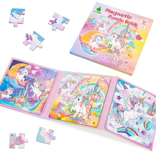 Unicorn Magnetic Puzzle for Kids 3-5, 75 pcs Magnetic Travel Puzzles Games for Toddlers Ages 3-8 Car Plane Road Trip Activities 3 in 1 Toys Gift for Girls