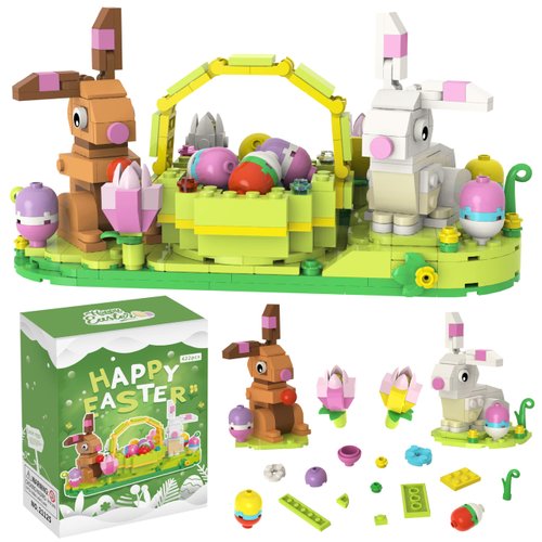 Alagoo Easter Bunny and Basket Building Kit, 422 Pcs Easter Rabbits Display Building Toy Set, Easter Basket Stuffers Easter Eggs Baskets for Kids Easter Building Toys Easter Gifts for Boys Girls
