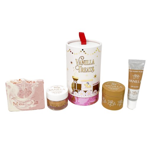 Bath & Body Works Vanilla - Mini Gift Set - Lip Scrub, Lip Mask and Lip Gloss With a Himalayan Salts Springs Bar Soap