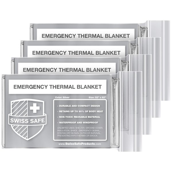 Swiss Safe Emergency Mylar Thermal Blankets + Bonus Space Blanket - Compact & Insulated for Cold Weather - Designed for NASA, Outdoor Camping, Survival, First Aid Car Kit - Silver, 4 Pack