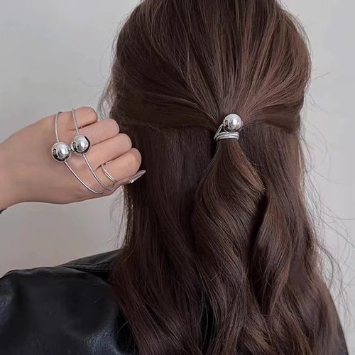 TUCEWP 4Pcs Bracelet Hair Ties for Women Girls Glitter Punk Elastic Hair Bands for Thick Long Curly Hair No Damage Hair Rope with Silver Ball Metallic Stretchy Ponytail Holder Hair Styling Accessories