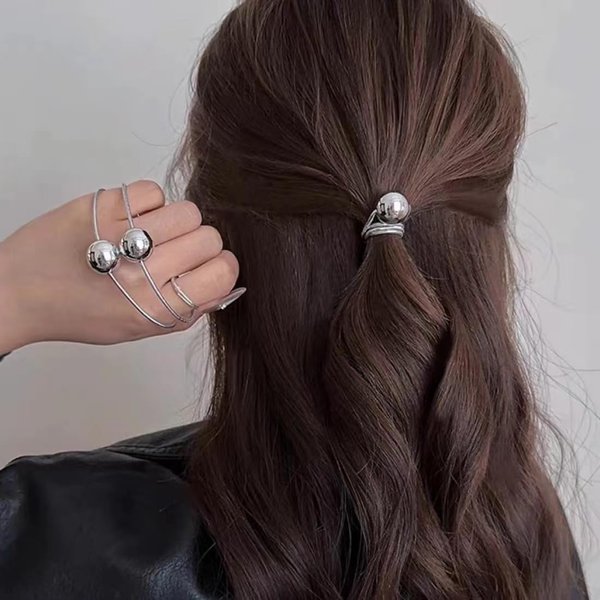TUCEWP 4Pcs Bracelet Hair Ties for Women Girls Glitter Punk Elastic Hair Bands for Thick Long Curly Hair No Damage Hair Rope with Silver Ball Metallic Stretchy Ponytail Holder Hair Styling Accessories
