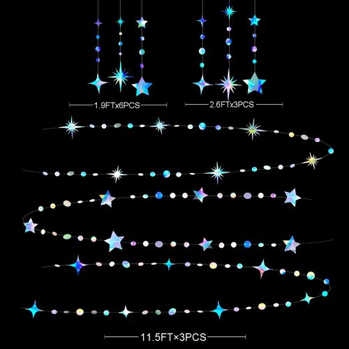 Iridescent Party Decorations Star Circle Dot Paper Garland Banner Bunting Streamer Metallic Hanging Twinkle Star Decoration for Kids Birthday Baby Shower Wedding Festival Engagement Bling Bling Decor