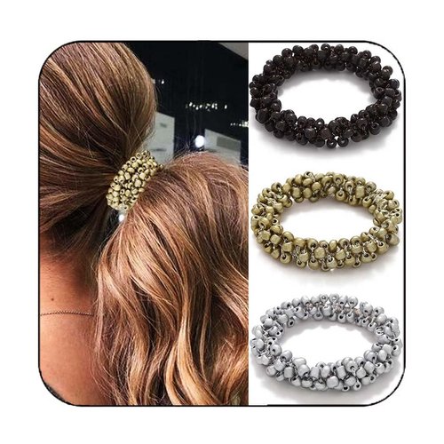 Fashey Beaded Hair Ties Gold Elastic Ponytail Holder Rhinestone Hair Scrunchies 3 Pcs Beads Hairband Stretchy Hair Accessories for Women (gold,silver,black)