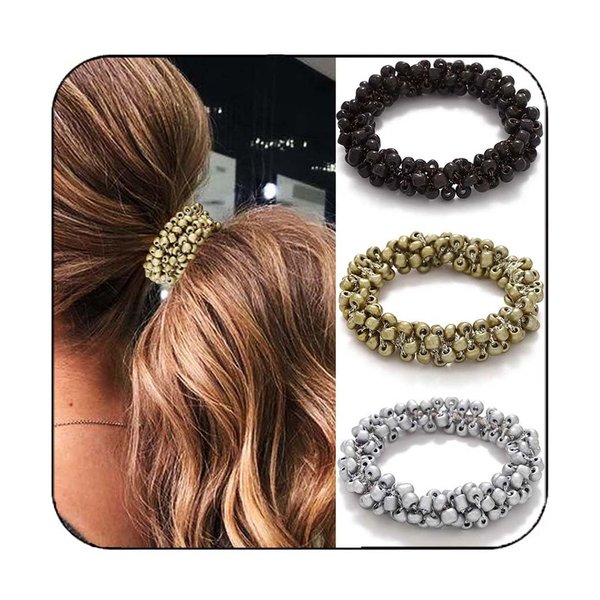 Fashey Beaded Hair Ties Gold Elastic Ponytail Holder Rhinestone Hair Scrunchies 3 Pcs Beads Hairband Stretchy Hair Accessories for Women (gold,silver,black)
