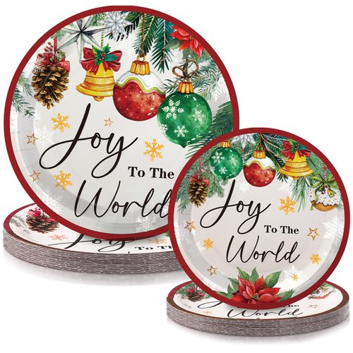 Funnymoom 48 Pcs Christmas Paper Plates Include 9 Inch Xmas Balls Holly Poinsettia Plate 7 Inch Watercolor Pine Disposable Plates Blue Gray Dinner Plate for Holiday Party Supplies(Xmas Ball)