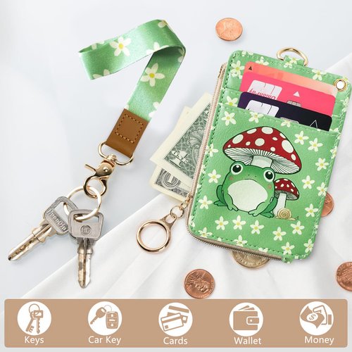 bolimoss 2-in-1 ID Badge Holder & Lanyard Wallet, Frog Mushroom Lanyard for ID Badge Wallet,Lanyard Wallet with Zipper Pocket,Cute Florals Badge Holder with Detachable Neck Wrist Lanyard