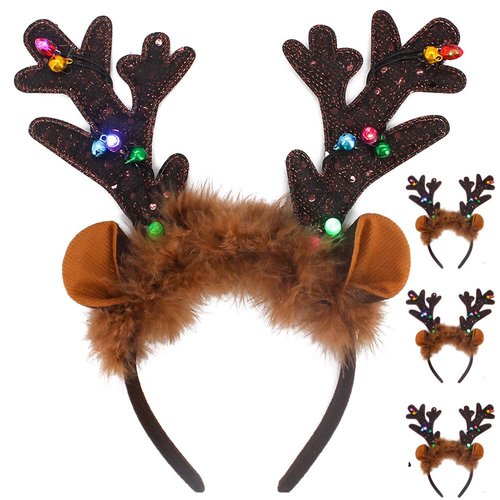 4Pcs LED Light Up Christmas Reindeer Antlers Headbands, Color Changing Lights in Antlers with On/Off Switch, Christmas, Holiday, New Years Party Favor Supplies, for Girls, Women, Kids & Adults.