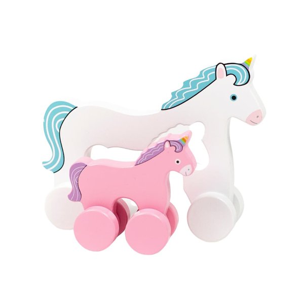 Jack Rabbit Creations Big & Little Unicorn Push Toy 2 in 1 Wooden Roller Animals- Pull STEM Toys for Toddlers Develops Coordination and Fine Motor Skills- Ages 18 Months+