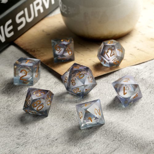 DNDND Liquid Sharp Edge DND Dice, A Full Set of Liquid D&D Die with Gift Case for Dungeons and Dragon Game (Grey Liquid)