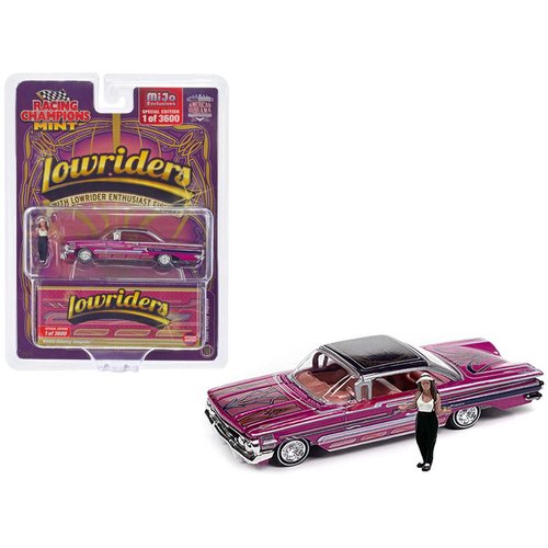 1960 Chevy Impala Lowrider Hot Pink Metallic with Black Top and Graphics and Diecast Figure Limited Edition to 3600 Pieces Worldwide 1/64 Diecast Model Car by Racing Champions RCCP1013
