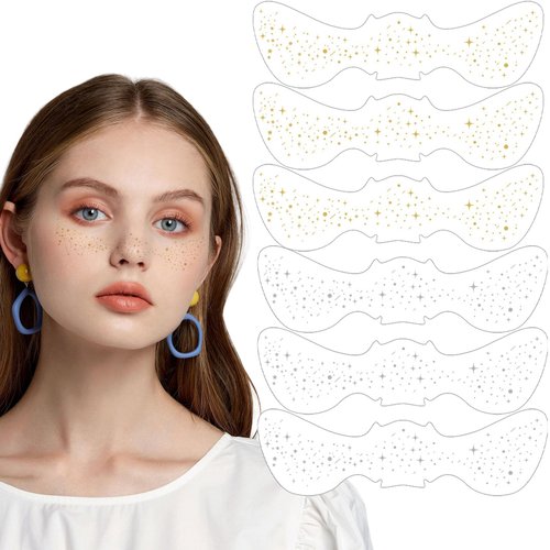 FULANSI Gold Silver Glitter Freckles Face Tattoo,Sparkle Face Makeup Patches,Fake Freckles Waterproof Temporary Tattoos Stickers for Women Girls Makeup Accessories Festival Party Face Decor 6pcs