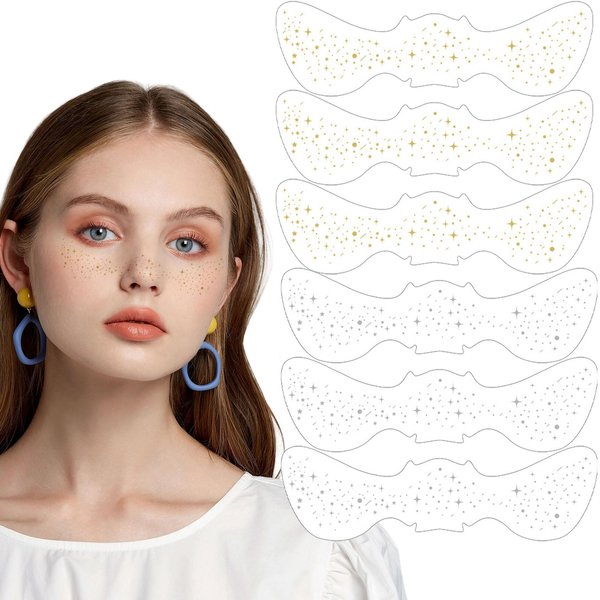 FULANSI Gold Silver Glitter Freckles Face Tattoo,Sparkle Face Makeup Patches,Fake Freckles Waterproof Temporary Tattoos Stickers for Women Girls Makeup Accessories Festival Party Face Decor 6pcs