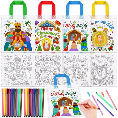 HOWAF 12pcs Nativity Scene Coloring Goodie Bags with Paint Pens for Kids,O Holy Night Coloring Candy Bags Joy to the World Coloring Gift Bags,Religious Christmas Reusable Canvas Bag Favors Coloring