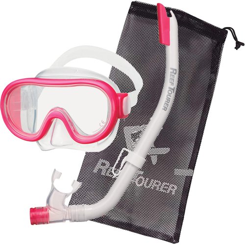 Reef Tourer RC0203 Youth Single-Window Mask & Snorkel Combo Set, Semi-Dry Top, Purge Valve, Wide View Tempered Glass Lens, Snorkeling Gear for Kids Age 4-9 with Reusable Travel Mesh Bag, Flash Pink