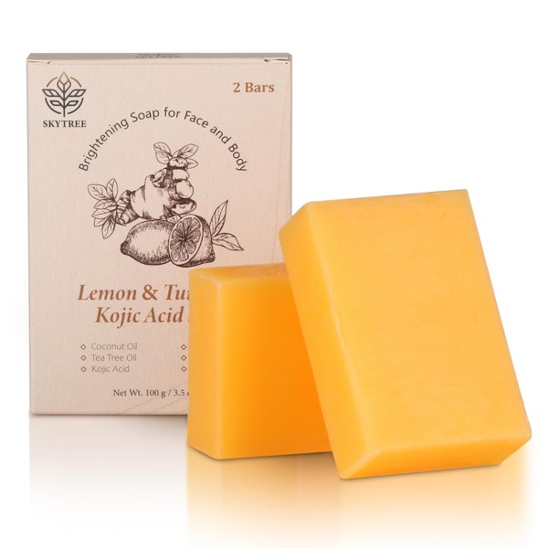 Sky tree Lemon Turmeric Kojic Acid Soap for Hyperpigmentation,Turmeric Soap for Dark Spots,with Lemon Oil, Tea Tree Oil, Shea Butter, Papaya, Vitamin C, for Face & Body, 2 Bars