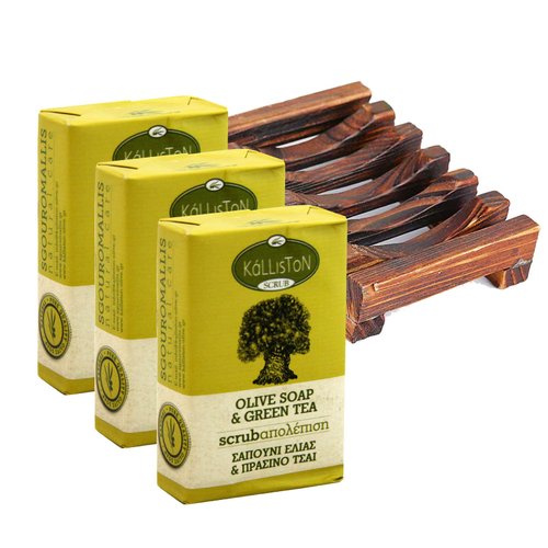 Greek olive soap scrub with green tea extract, all natural ingredients, made in Crete, Greece, Pack of 4