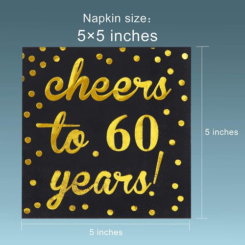 Elcoho 60 Pack Cocktail Napkins 60th Birthday Decorations Luncheon Napkins for Birthday, Anniversary Party Supplies, Cheers to 60 Years Design, 2 Layers, 5 by 5 Inches