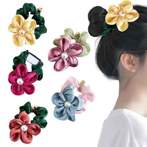 5 Pack Flower Satin Colorful Hair Elastic Decorative Hair Ties Fancy Pearl Accessories Floral Pea...
