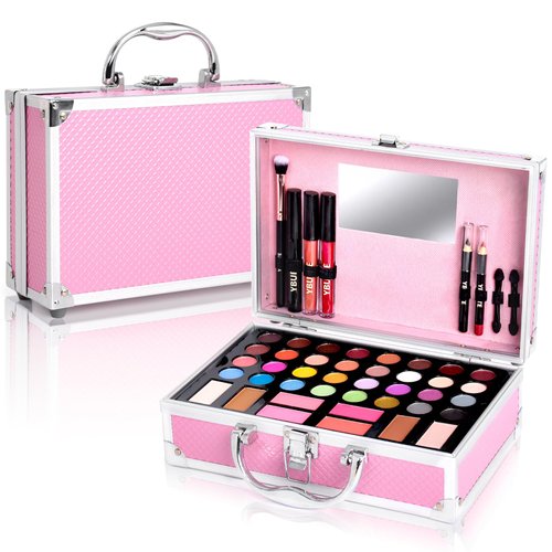 YBUETE Beginner Makeup Kit for Teen,Makeup Set for Girl Women,Beginner Makeup Kit with Cosmetic Train Case Included 32 Colors Eyeshadow Blush Contour Lip Gloss Lip Liner Mascara Eyeliner Mirror