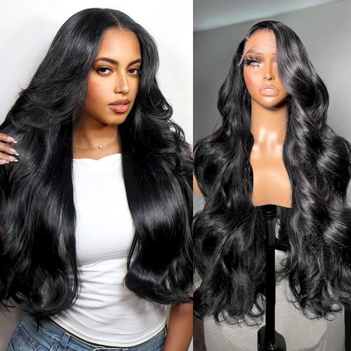 13x6 Body Wave Lace Front Wigs Human Hair Pre Plucked 200 Density HD Transparent Lace Frontal Wigs with Baby Hair Natural Hairline Bleached Tiny Knots Human Hair Wigs for Women Black 26 Inch