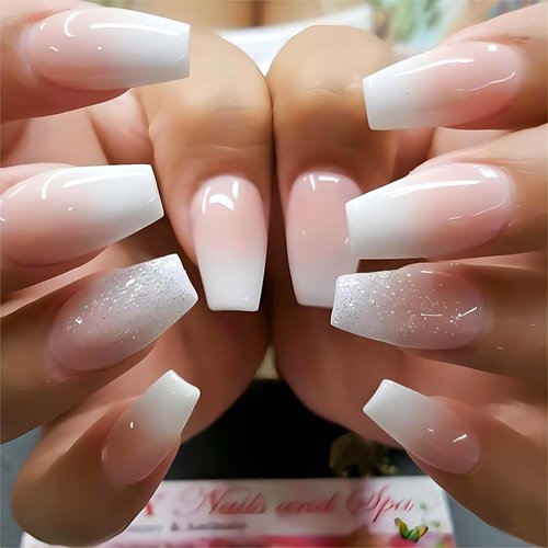 RUOKEXIN Nail Press ons Coffin Press on Nails Medium Length Fake Fingernails Glossy Acrylic False Nails with Glue Shiny Ballet Artificial Nails Pink White Ombre Gel Stick on Nails for Women 24Pcs