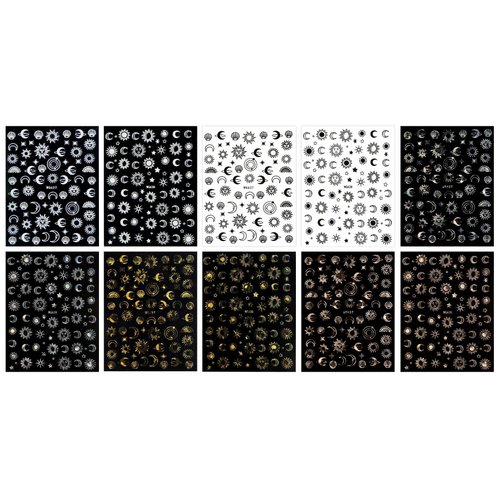 JMEOWIO 10 Sheets Moon Star Sun Nail Art Stickers Decals Self-Adhesive Pegatinas Uñas Colorful Rose Gold Nail Supplies Nail Art Design Decoration Accessories