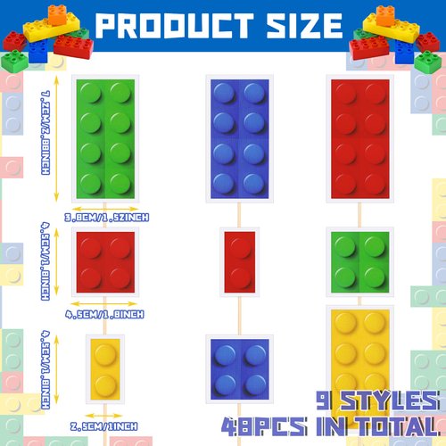 48 Pieces Color Building Block Themed Cupcake Toppers Building Block Party Favors Building Block Party Decorations for Adults Party Supplies