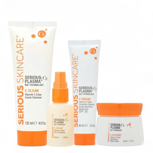 Serious Skincare - Vitamin C Day & Night Facial Care Set - Skin Brightening Serum, Daytime SPF Moisturizer, Restore Night Cream, Face Wash - C3 C Esters for Hydrating, Fine Lines and Wrinkles (4Pack)