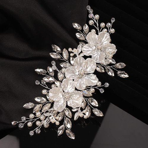 Teyglen Flower Bride Wedding Hair Clips Bridal Rhinestone Pearl Hair Clip Pin Silver Flower Wedding Headpiece Handmade Crystal Hair Piece for Women Girls