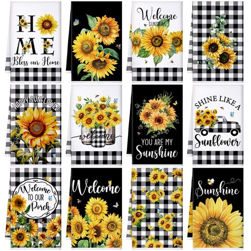 Bencailor 12 Pcs Kitchen Towels Seasonal Dish Towels for Kitchen Holiday Hand Towels Tea Towels with Gnome Turkey Snowman Pumpkin Deer Sunflower(Yellow,Sunflower)