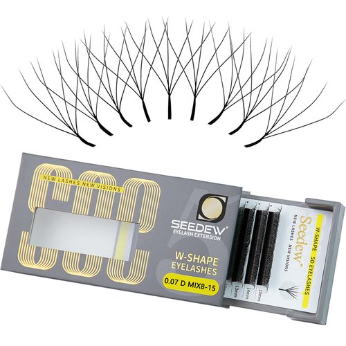 SEEDEW 5D Lash Extensions, 0.07mm D Curl MIX8-15mm 12 Rows/Tray, W Shape Flat Stem, Korean PBT Volume Eyelash Grafting for Beginner Artist, Lash Tech, Beauty Salon(5D-Matte Black-0.07-D-MIX8-15mm)