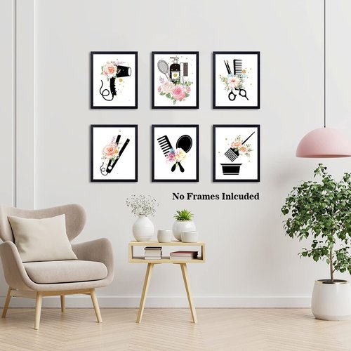 Hair Salon Wall Art, Women Fashion Bathroom Bedroom Decor, Scissors Hair Dryer Curling Iron Canvas Posters, Hairdresser Haircut Tools Art Painting for Barber Shop Decoration, 6 Set-(8"x10" Unframed)