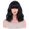 AneShe Short Wavy Black Bob Wig with Bangs Natural Black Curly Wigs for Women Shoulder Length Wig Heat Resistant Synthetic Fiber Wig for Party Daily Use
