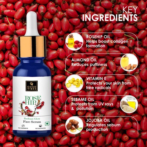 Good Vibes Rosehip Face Serum with Vitamin E | Hydrating Serum for Reducing Dark Circle & Spots | Ideal for Dry & Dehydrated Skin | 0.34 Fl Oz/10ml