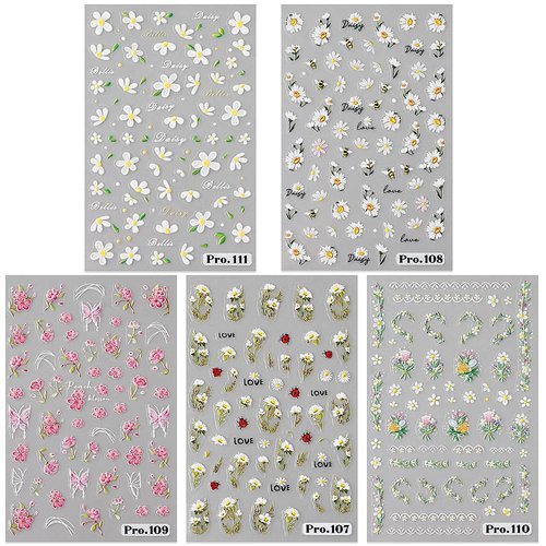 5pcs Embossed Daisy Nail Stickers Micro-carving Flower Nail Stickers Small Daisies Pink Butterfly Flower Nail Decals for Nail Art Supplies Daisy Flowers Nail Art Stickers Floral Stickers for Nails DIY
