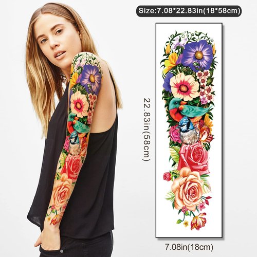 55 Sheets Temporary Tattoo for Men and Women, 8 Full Arm Fake Tattoos, 17 Half Arm Fake Skull Flo...