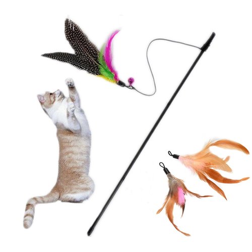 itPlus Kitten Pet Toy Interactive Chaser Training Rod Cat Catcher Feather Wand Fishing Pole Teaser with Two Feather Refill Replacement (Style 1)
