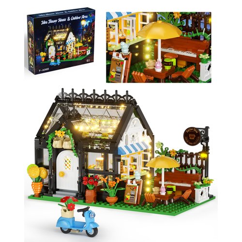 Muiurple Flower House with Coffee Shop Building Set, Outdoor Parasol & Piano Building Kits with Lights, Greenhouse Model Gifts for Her, Home Decoration Office Coffee Bar Display(485 Pieces)