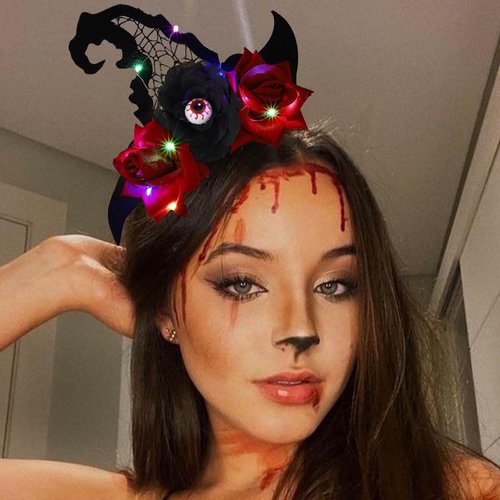 DRESBE Light Up Headband LED Witch Hat Headbands Flower Hair Hoop Halloween Festival Party Hair Accessory for Women