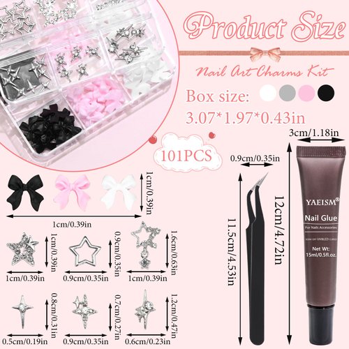 YAEISM Bow Nail Charms and Star Nail Charms Kit,3 Colors Resin Bows for Nails 6 Types Star Charms Shiny Rhinestones with Glue Gel,Tweezer and Pickup Pencil for Nail Art and DIY Crafts Decoration