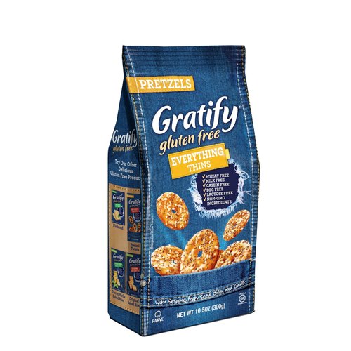 Gratify Gluten Free Pretzel Thins Everything Vegan GF Pretzel Crisps, 10.5oz Bag (Pack of 1)