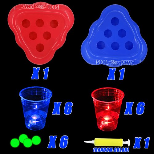 mishunyus 20 Pcs Glow Pool Pong Games,Light Up Floating Pool Games,Pool Party Games for Daytime/Nighttime,2 Inflatable Pong Rack(Red & Blue),12 Glow Cups, 6 Glowing Balls