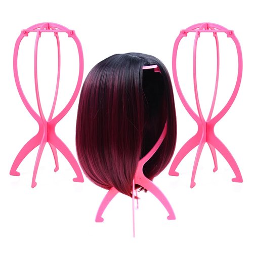 EOOCET Wig Stand, Portable Collapsible Wig Holder Wig Head Stand for Multiple Wigs, Durable Display Stand Tool for Wig, Hat and Cosplay Mask, Travel Wig Stand (Pink-3 Packs)