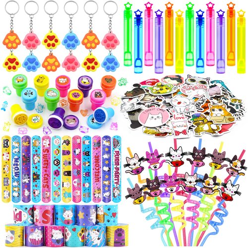 BOIKOKY Cat Party Favors for Kids, Cat Themed Birthday Party Supplies with Cat Straw Claw Keychain Slap Bracelet Slap Bracelet Sticker for Girls
